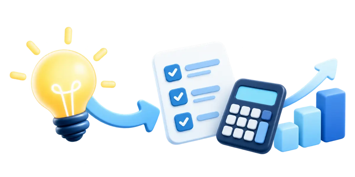 Bombilla, lista de tareas, calculadora y gráfica ascendente que representan la conversión de una idea en un plan de negocio